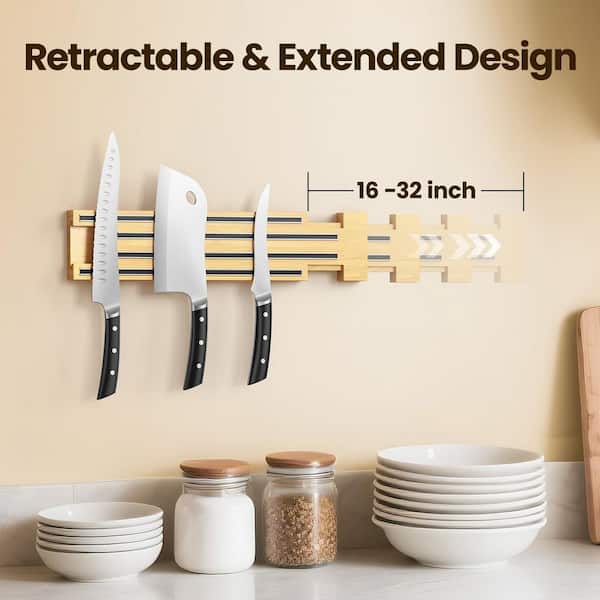 Magnetic Knife Holder 1 Piece 32 in. Wood Wall-Mount Extendable Knife Bar with Screw Adhesive for Kitchen Tools