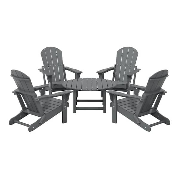 Laguna Gray Fade Resistant 5-Piece Plastic Adirondack Chair Outdoor Patio Conversation Set With Round Coffee Table