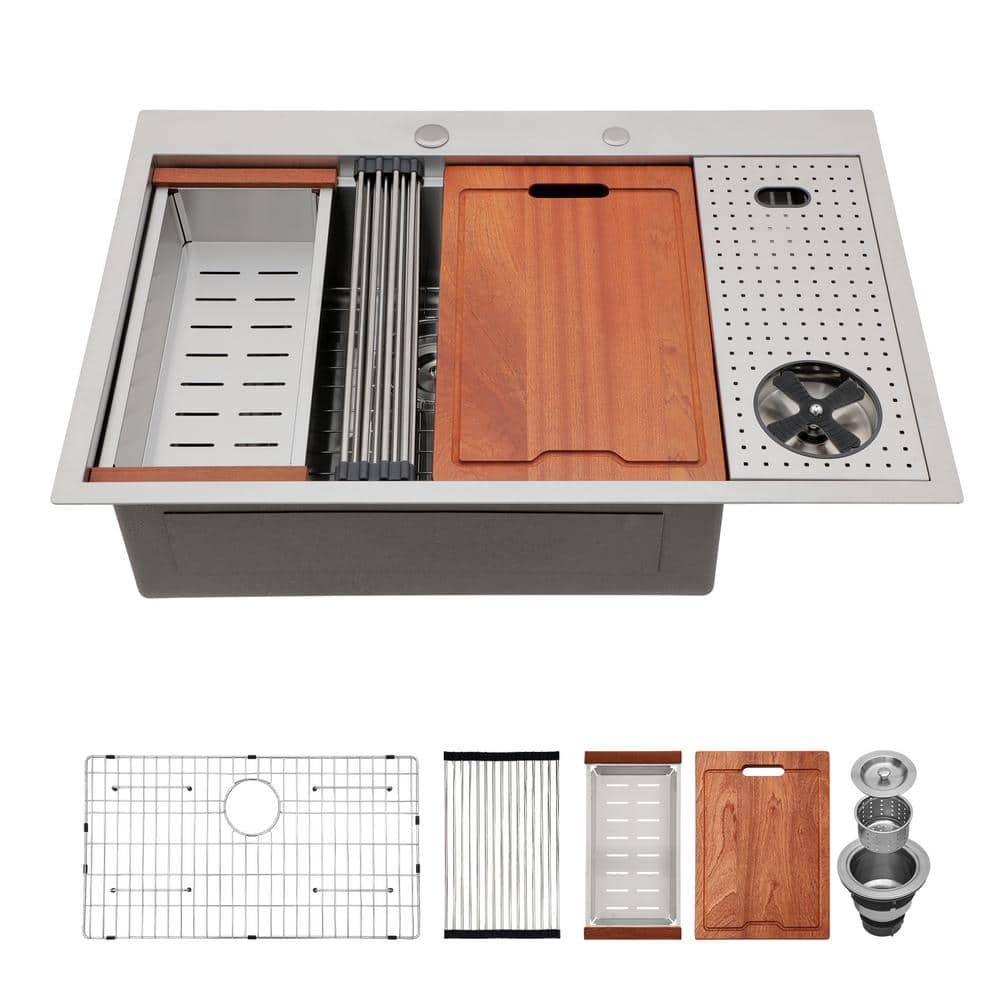 33 Inch Brushed Stainless Steel Drop-In Workstation Sink
