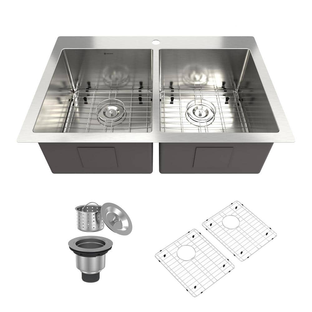 33 in. Drop-In Double Bowl 18-Gauge Stainless Steel Kitchen Sink with Botto