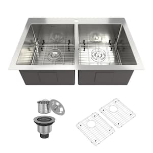 33 in. Drop-in Double Bowl 18-Gauge Stainless Steel Kitchen Sink with Bottom Grids, Strainer Basket and Drain Cap