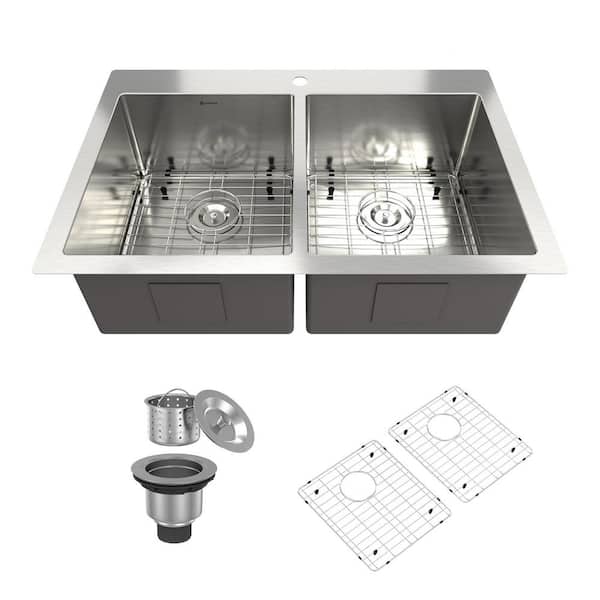 33 in. Drop-In Double Bowl 18-Gauge Stainless Steel Kitchen Sink with Bottom Grids, Strainer Basket and Drain Cap