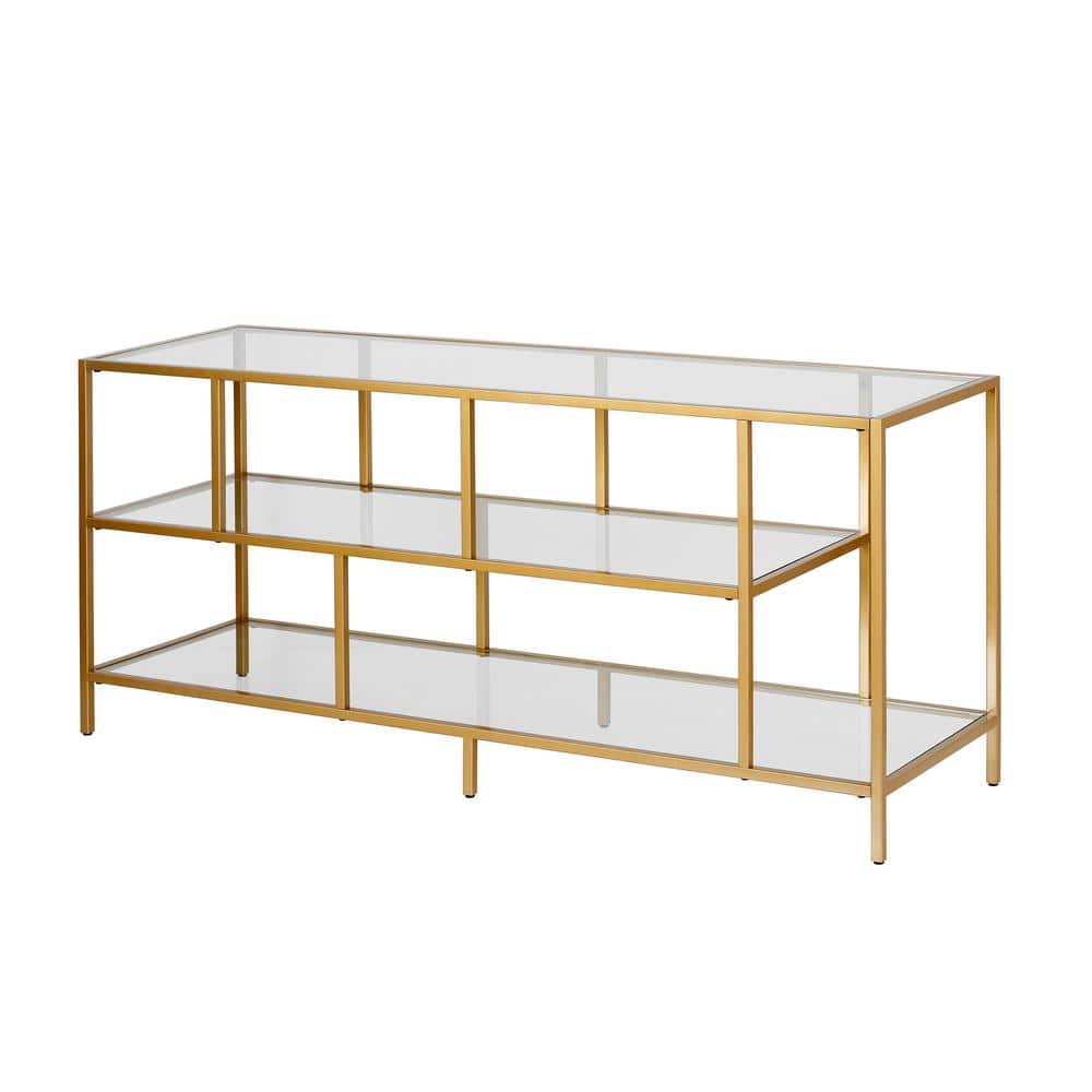Winthrop 55" White Brass TV Stand with Tempered Glass Shelves