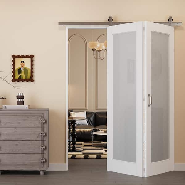 60 in. W. x 80 in. 1-Lite Tempered Frosted Glass White Primed MDF Bifold Sliding Barn Door with Hardware Kit Nickle