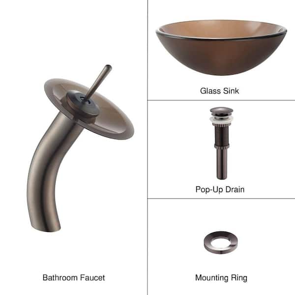 KRAUS Frosted Glass Vessel Sink in Brown with Single Hole Single-Handle Low-Arc Waterfall Faucet in Oil Rubbed Bronze