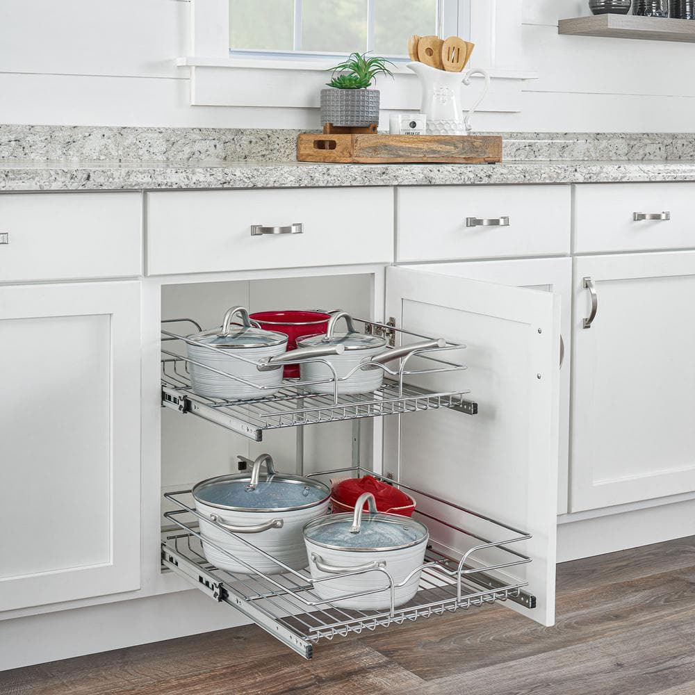 Chrome 2-Tier Wire Basket Pull-Out Shelf Organizer