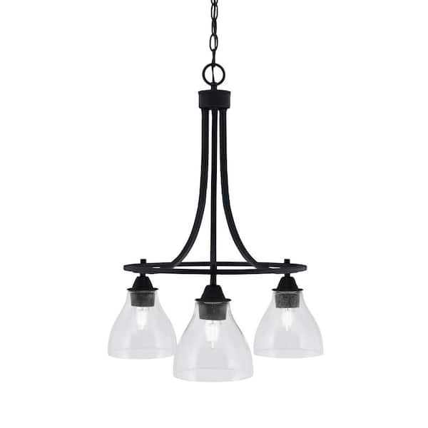 Unbranded Madison 3-Light Matte Black Round Chandelier with 6.25 in. Clear Bubble Glass Shades, No bulbs included