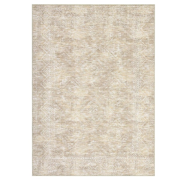 Beige 10 ft. x 13 ft. Washable Vintage Distressed Area Rug Bohemian Style Polyester