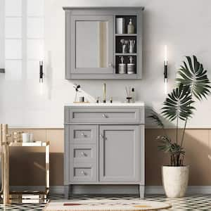 30 in. W Bath Vanity in Gray with Gray Wood Top and Mirror, Storage Cabinet with 2 Drawers and a Tip-out Drawer