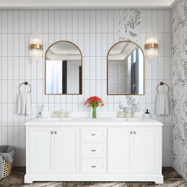 Unbranded 60 in. W x 22 in. D x 34 in. H Double Sink Freestanding Bath Vanity in White with White Engineered Stone Top
