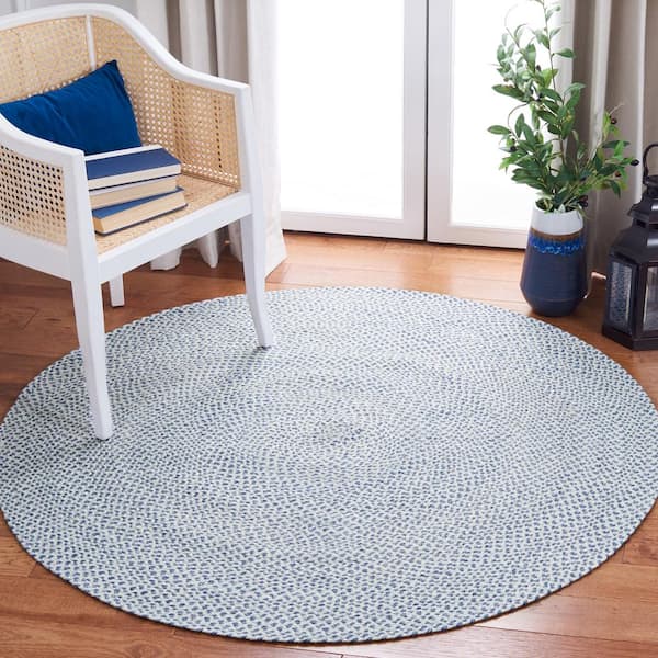 Braided Blue/Ivory 8 ft. x 8 ft. Round Solid Area Rug