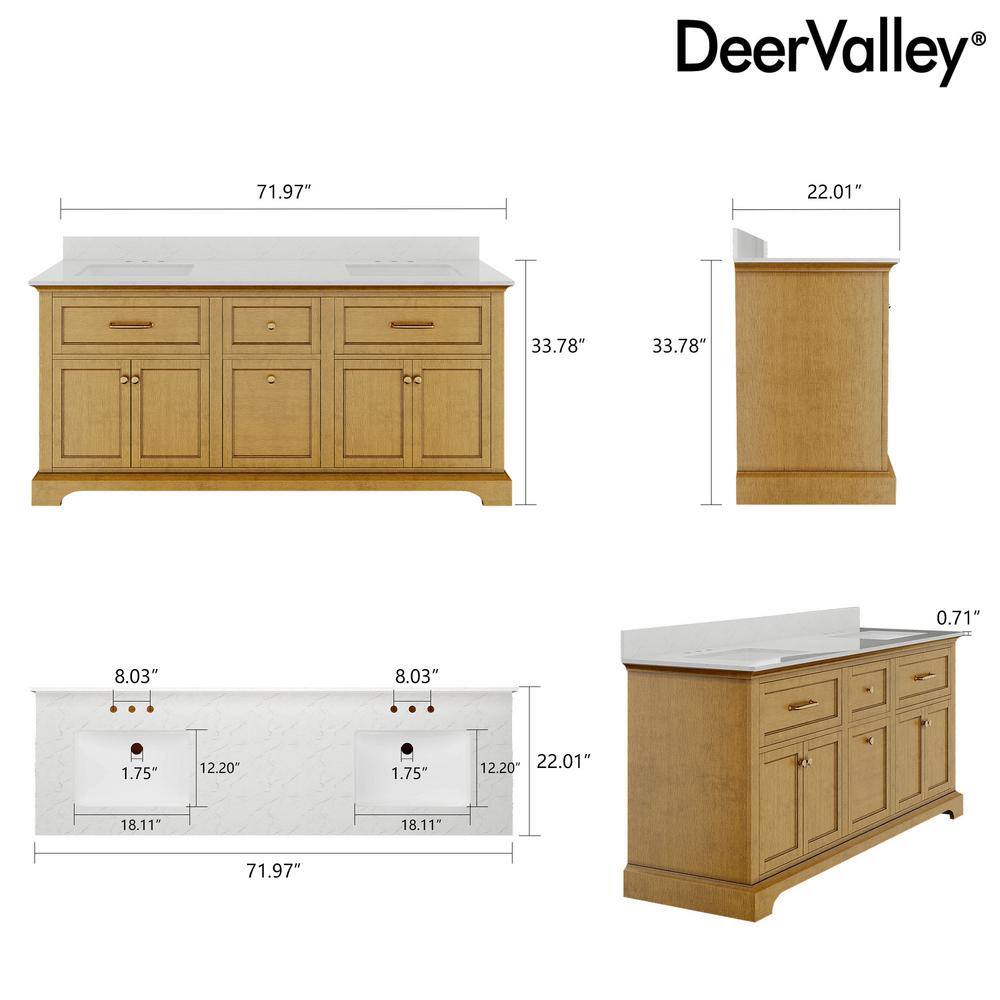 72" Walnut Freestanding Double Bathroom Vanity with Marble Top