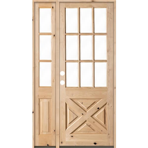 Krosswood Doors 56 in. x 96 in. Knotty Alder 2-Panel Right-Hand/Inswing Clear Glass Unfinished Wood Prehung Front Door w/Left Sidelite