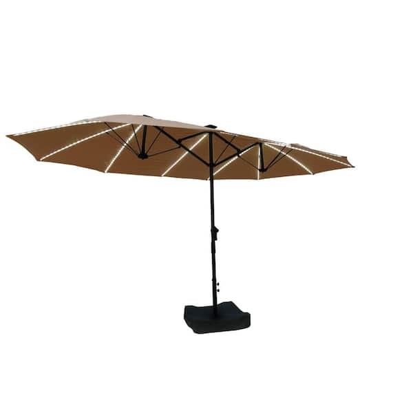 Mondawe 15 ft. Double Side Outdoor Patio Market Umbrella in Tan with Fiberglass Rib, 360° Illumination, Base for Yard