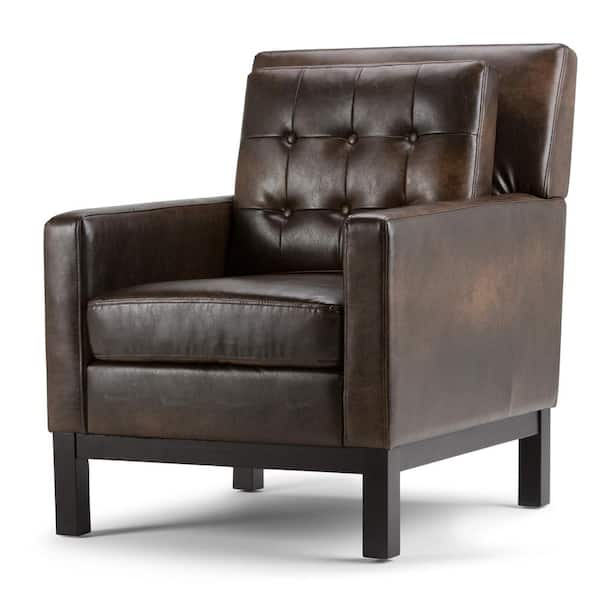 Simpli Home Carrigan 28 in. Wide Contemporary Club Chair in Distressed Brown Bonded Leather