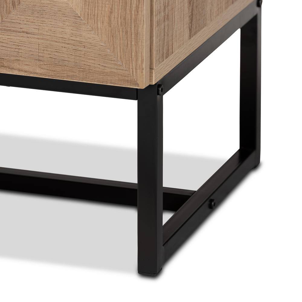 Darien Natural Brown Wood and Black Metal Geometric Accent Cabinet