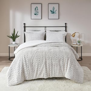 Aurora 3-Piece Ivory Geometric Faux Fur King/Cal King Duvet Cover Set