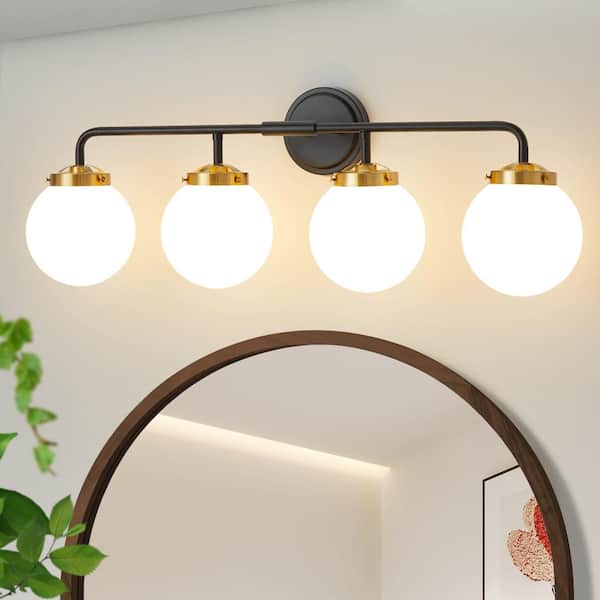 Deyidn 30.71 in. 4-Light Black and Gold Bathroom Vanity Light with Opal Glass Shades, Bulbs not Included