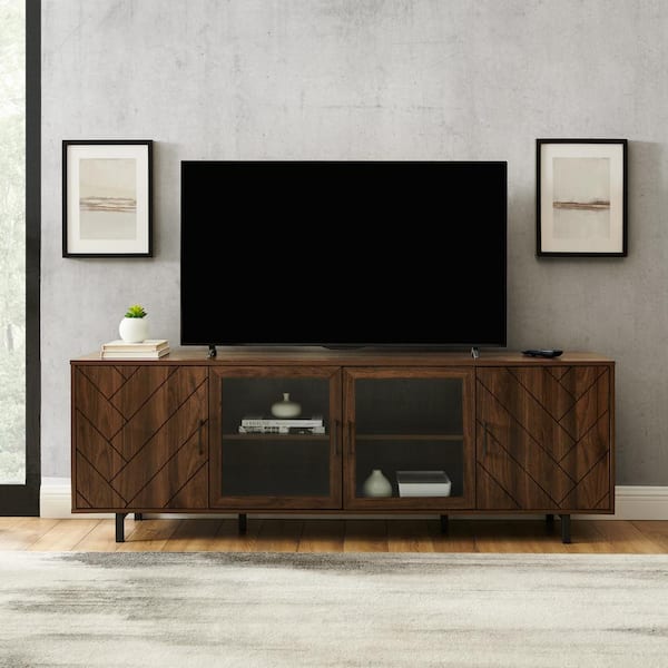 70 in. Dark Walnut Wood and Glass Modern Herringbone TV Stand (Max tv size 80 in.)