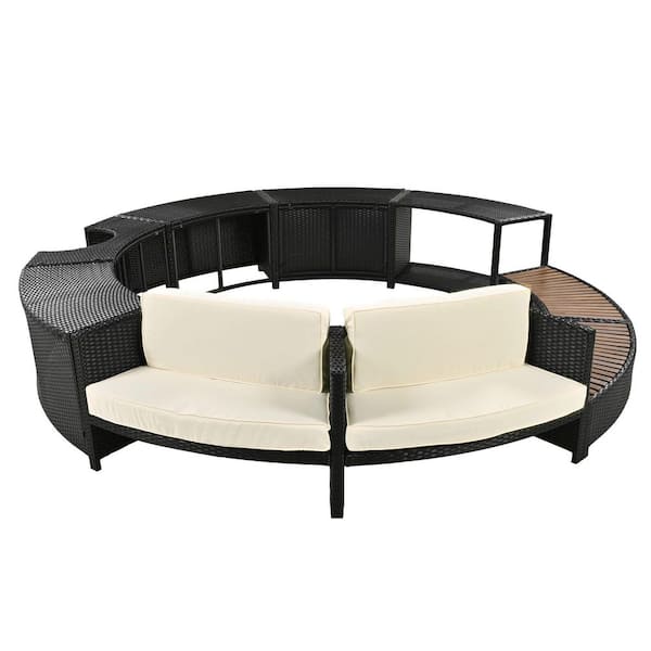 Wicker Rattan Outdoor Sectional Set with Beige Cushions, Spa Frame Sofa Set with Storage Spaces for Patio, Backyard