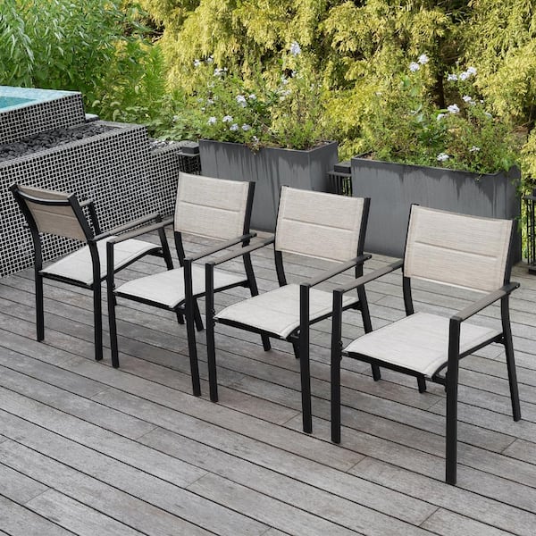 4-Piece Black Aluminum Sling Outdoor Dining Chair with Faux Wood Armrests