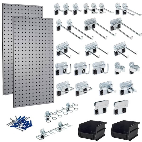 (2) 18 in. W x 36 in. H Gray Steel Square Hole Pegboards with 30-piece LocHook Assortment and Hanging Bin System