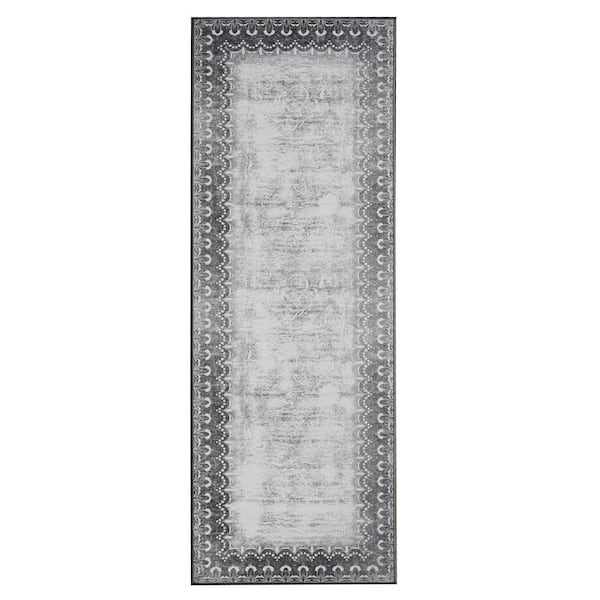 My Magic Carpet Dardon Bordered Grey 2.5 ft. x 7 ft. Abstract Washable Runner Rug