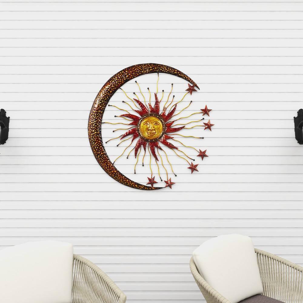 Copper and Red Metal Sun Moon Starburst Wall Sculpture