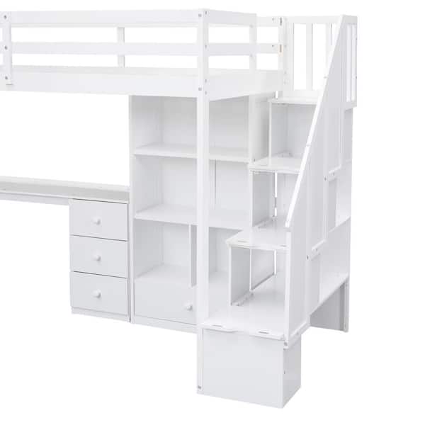 White Twin Size Wood Loft Bed with L-Shaped Desk and 4 Drawers, Cabinet and Storage Staircase