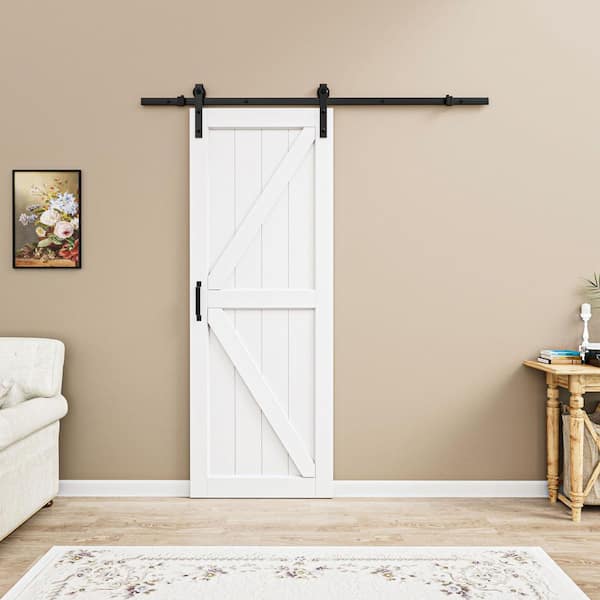 30 in. x 84 in. Paneled Off White Primed MDF British K Shape MDF Sliding Barn Door with Hardware Kit and Soft Close