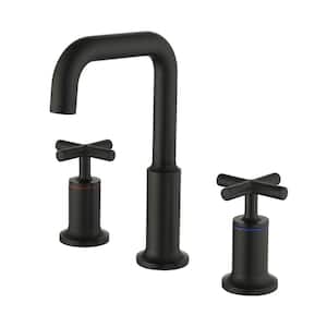 Brass 8 in. Widespread Double Handle Bathroom Faucet with Water Supply Hoses and Quick Connected Hose in Matte Black