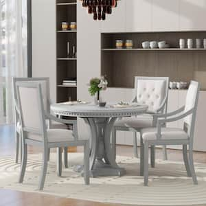 Farmhouse 5-piece Antique Gray Solid Wood Veneer Extendable Round Dining Set with 4-Upholstered Armchairs