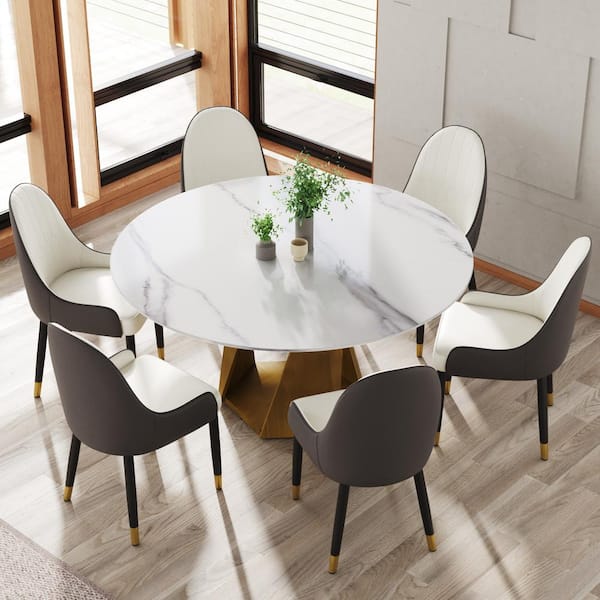 Magic Home 59 in. White Round Sintered Stone Tabletop Bronze Pedestal Base Kitchen Dining Table (Seats-8)