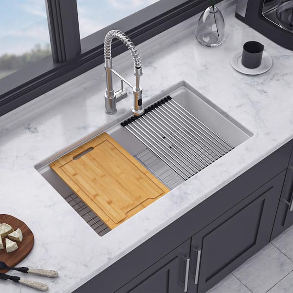 33 in. L x 19 in. W Undermount Single Bowl Quartz/Granite Composite Kitchen Sink with Workstation in Matte White