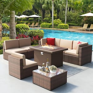 8-Piece Brown Wicker Outdoor Patio Conversation Set with 44 in. Fire Pit and Beige Cushions