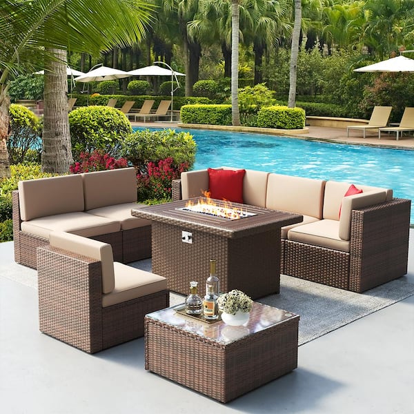 SUNMTHINK 8-Piece Brown Wicker Outdoor Patio Conversation Set with 44 in. Fire Pit and Beige Cushions