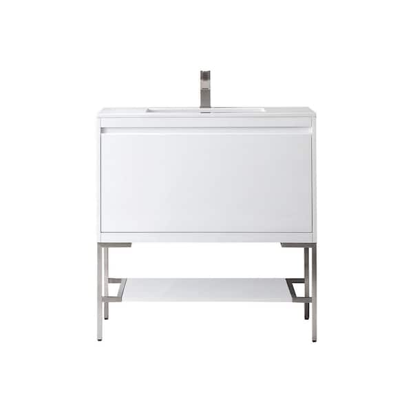 James Martin Vanities Mantova 35.4 in. W x 18.1 in. D x 36 in. H Single Vanity Glossy White and Glossy White Composite Stone Top