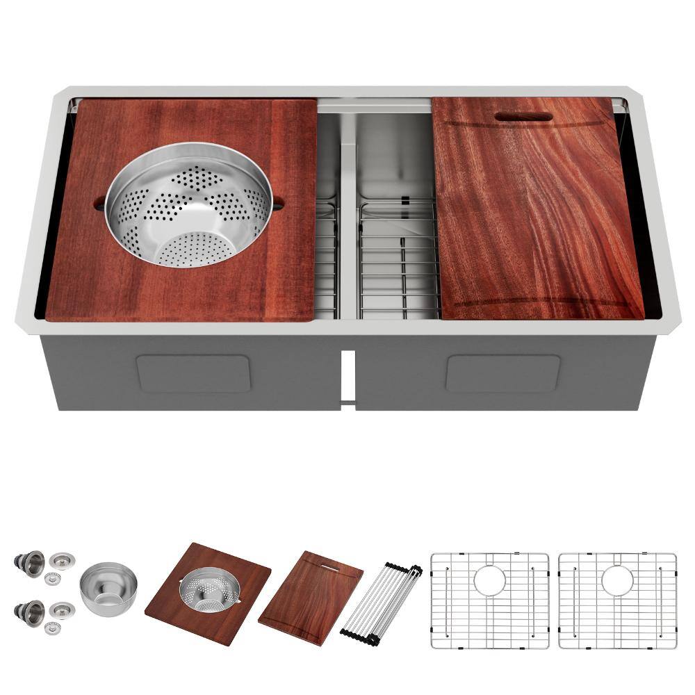 "36"" x 19"" Undermount Workstation Kitchen Sink 16 Gauge Stainless Steel Double Bowl Low Divide Sink with Mixing Bowl" price history on PriceWatchPro