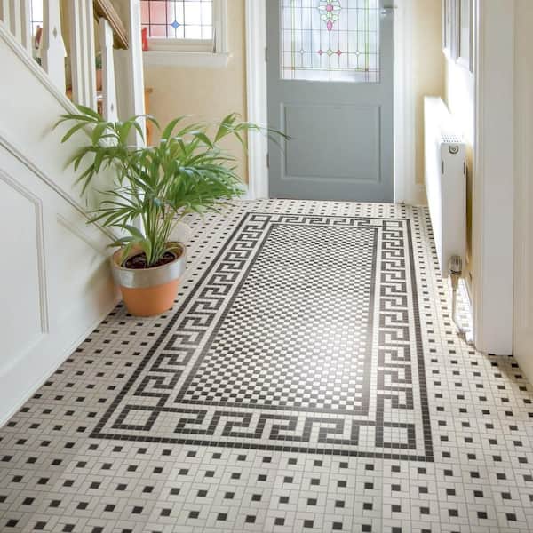 Gotham 1 in. Greek Corner Unglazed Black and White 9 in. x 9 in. Porcelain Floor and Wall Mosaic Tile(2.2 sq. ft. /Case)