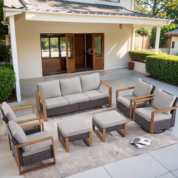Cube Edge 7-Piece Brown Wicker Patio Conversation Set with Olefin Gray Cushions and Ottomans/ Patio Swivel Gliders