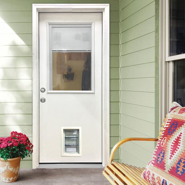 36 in. x 80 in. Reliant Series Clear Mini-Blind RHIS White Primed Fiberglass Prehung Front Door with Med Pet Door