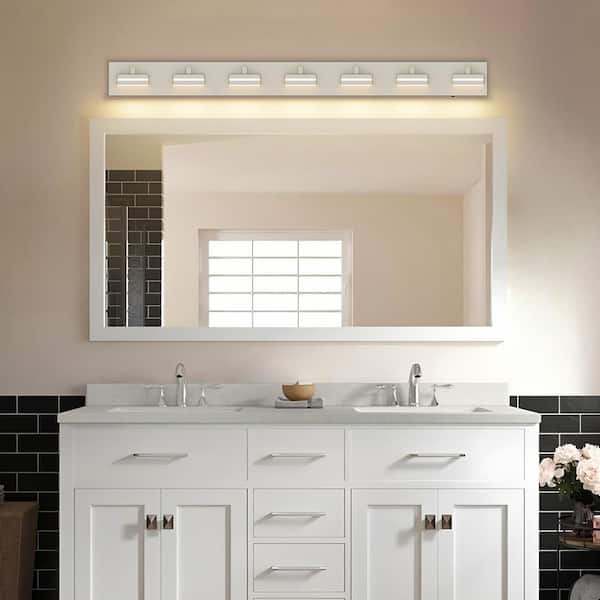 48 in. 7-Light Nickel LED Bathroom Vanity Light with 5-CCT Adjustable Switch and Acrylic Lampshade