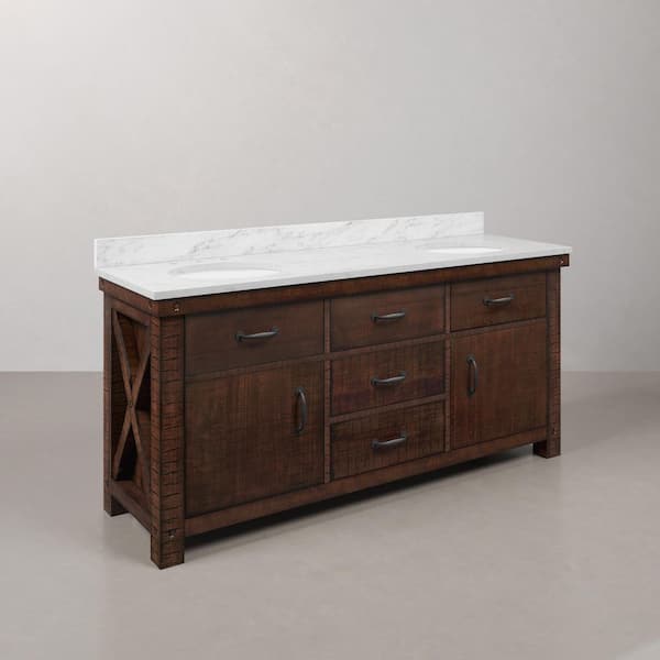 Aberdeen 72 in. W x 22 in. D Vanity in Rustic Sienna with Marble Vanity Top in White with White Basin and Mirror