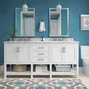 Everett 73 in. W x 22 in. D x 36 in. H Double Sink Freestanding Bath Vanity in White with Carrara Marble Top