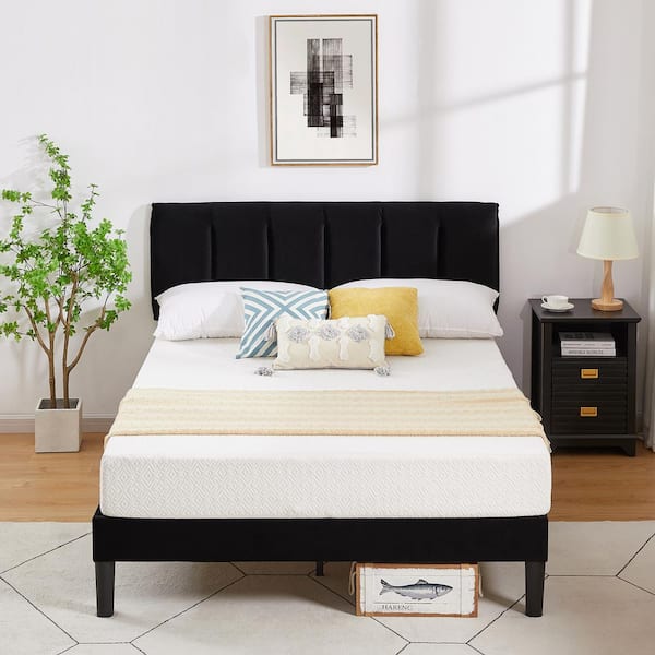 VECELO Upholstered Bed Frame Black Metal Frame Full Platform