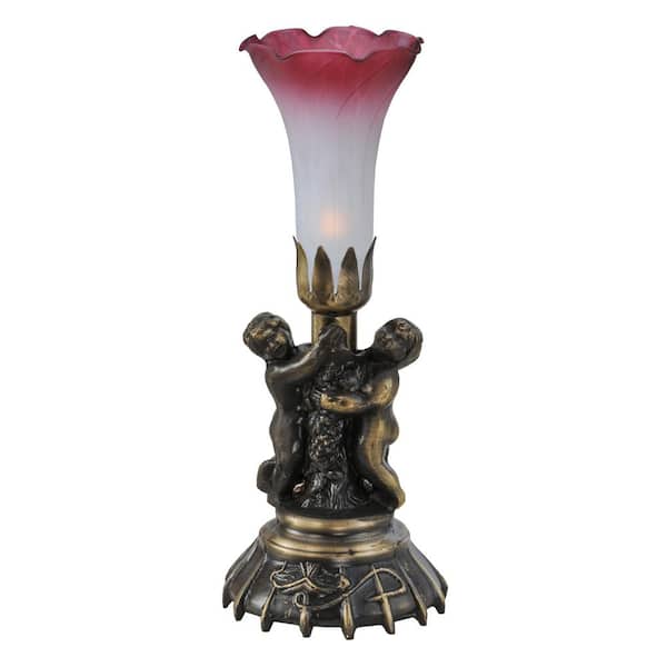 MEYDA Pond Lily 13 in. Antique Brass Novelty Victorian Twin Cherub Table Lamp with Pink and White Glass Shade