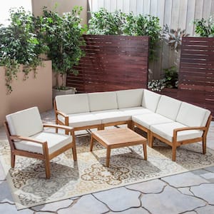 Grenada Teak Brown 7-Piece Wood Outdoor Patio Conversation Set with Beige Cushions