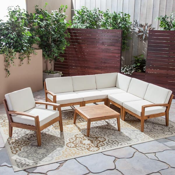 Grenada Teak Brown 7-Piece Wood Outdoor Patio Conversation Set with Beige Cushions