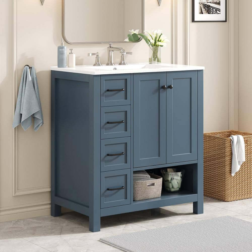 30 in.Single Sink Blue Gray Freestanding Bathroom Vanity,White Ceramic Top,2 Soft-Close Doors,2 Drawers,Open Shelf price history on PriceWatchPro