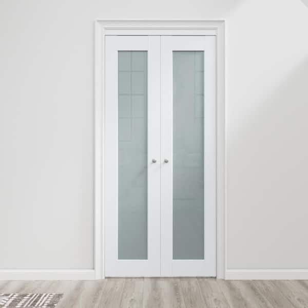 ARK DESIGN 30 in. x 78 in. 1-Lite Frosted Glass Solid Core White Finished Pantry (Pivot French) Bi-fold Door w/ 2 Hardware Types